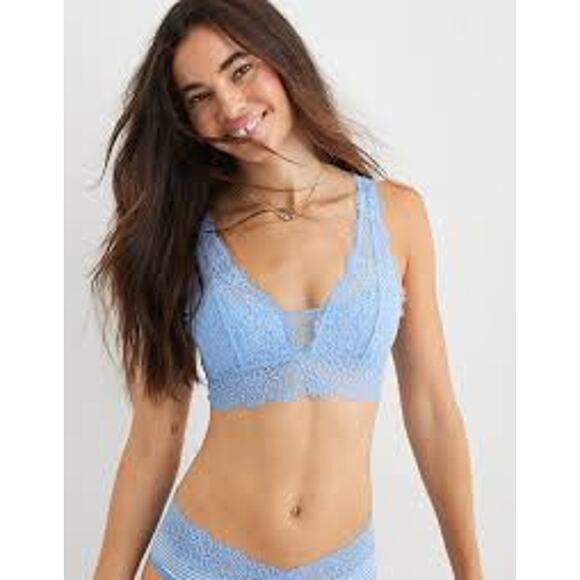 AERIE Eyelash Lace Padded Plunge Bralette Medium M Blue - Picture 1 of 5